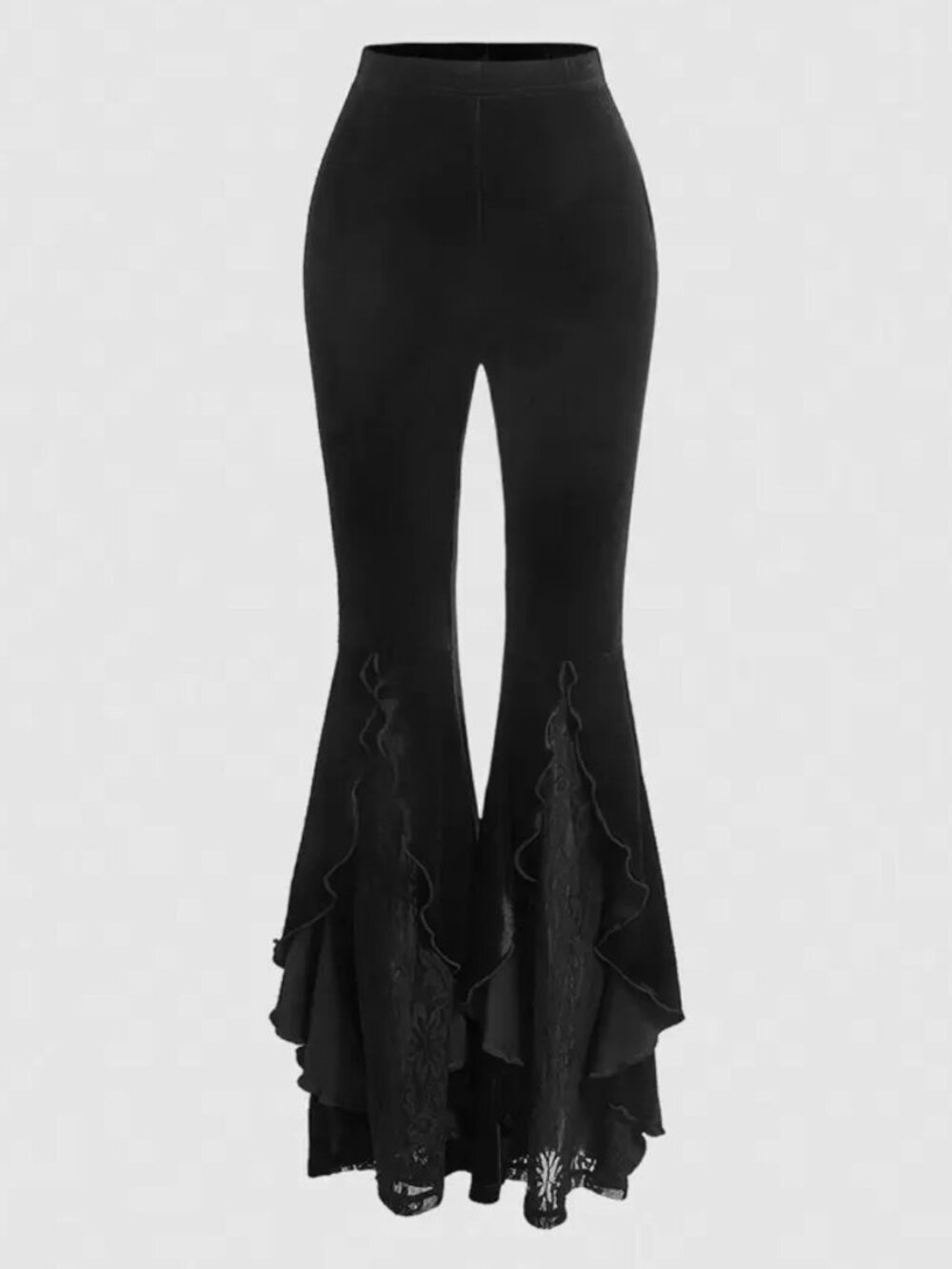 SHEIN Black Velvet Lace Panel Ruffle Flare Pants Size Large